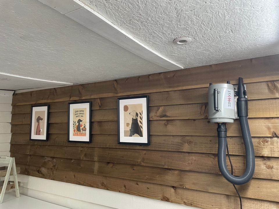 Framed dog prints and a wall-mounted dryer inside the lodge